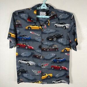 David Carey Corvette Shirt Mens Medium Gray Rayon Button Up All Over Print Car
